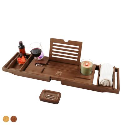 Bathtub Caddy Tray Expandable to 105cm with Bamboo Book Stand and Soap Tray, Brown
