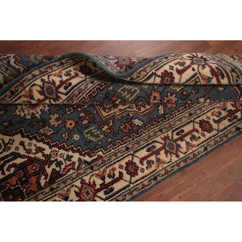 Blue Geometric Heriz Serapi Indian Area Rug Hand-Knotted Wool Carpet - 4'2"x 6'1"