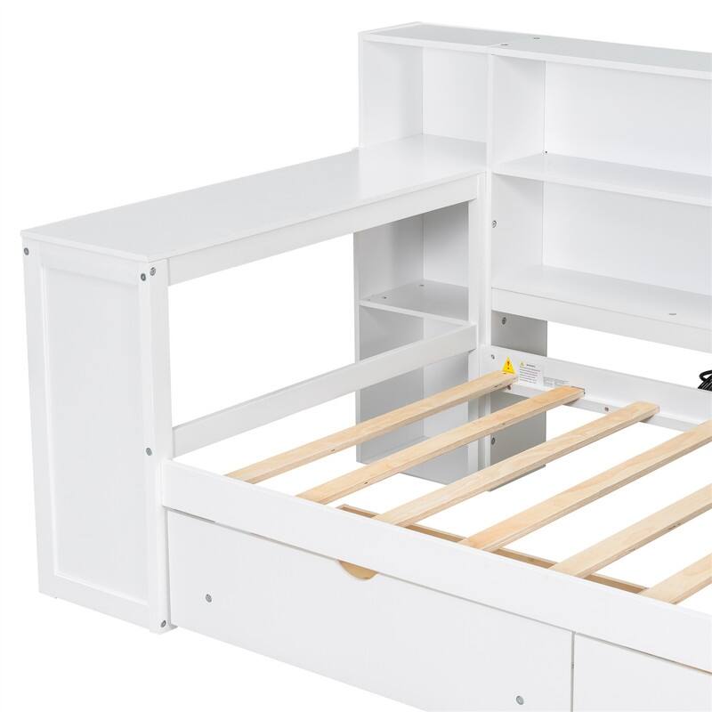 Twin/Full Size Daybed with LED Light, Side Desk and 2 Drawers, Wooden Sofa Bed with Storage Shelves and Upholstered Headboard