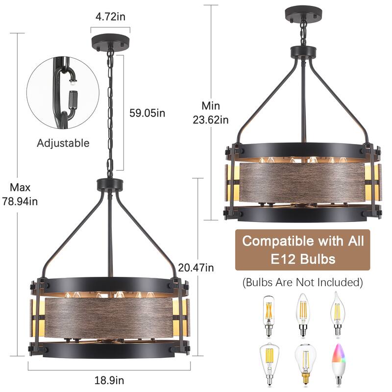 6-Light Vintage Elegant Chandelier with Faux Wood Finish Metal Frame Bulb Not Included