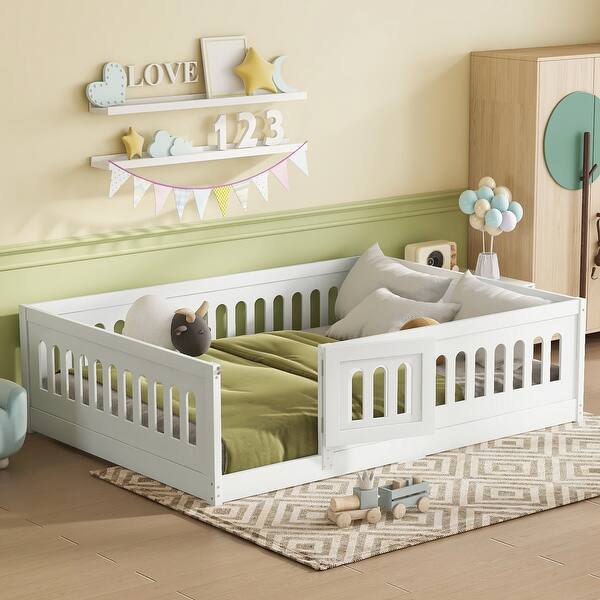 slide 2 of 13, Full Size Floor Bed with Heightened Safety Guardrails and Door, Solid Wood Bedframe with Rails White