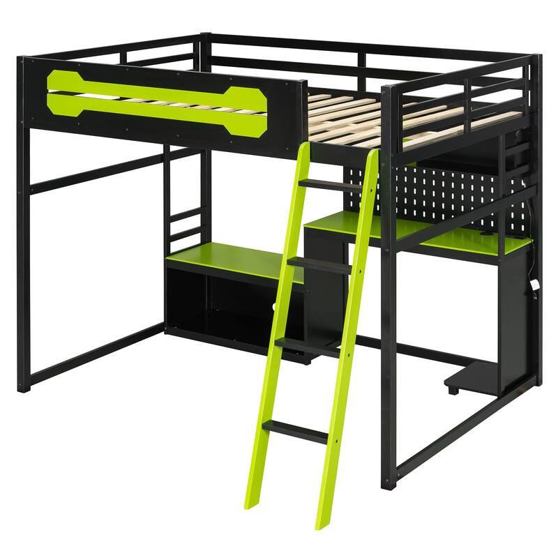 Full Size Loft Bed with All-in-One Workstation, Built-In Desk, Shelves, Pegboard, LED Lights & USB Ports
