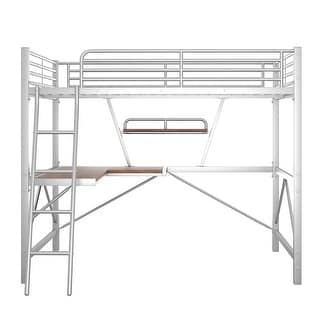 Metal Full Loft Bed w/L-Shaped Desk & Shelf, Silver Loft Bed Full Size