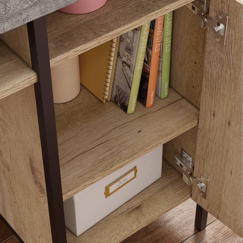 Wood Industrial Desk with Large Work Surface and Side Cabinet