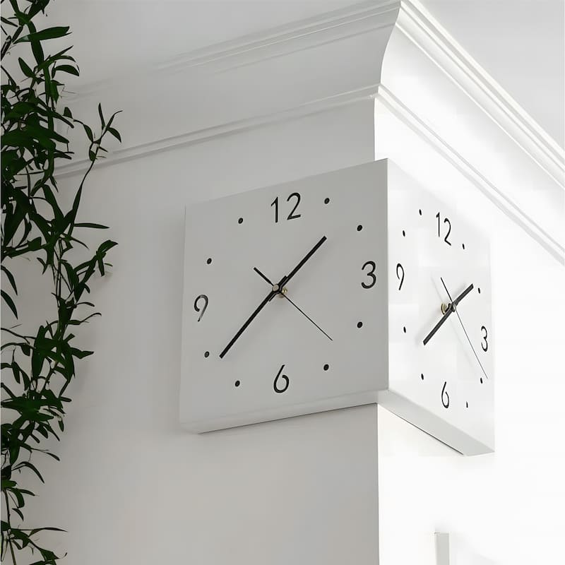 Nordic Square Modern Corner Wall Clock with Sensor Night Light Christmas Gifts - White