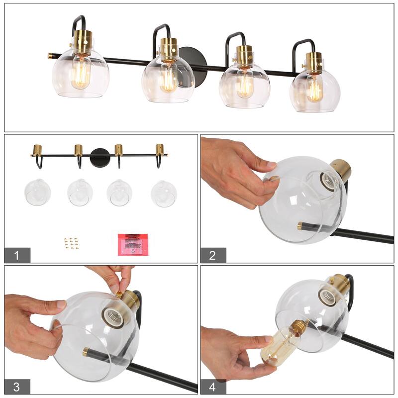 Modern Black Gold 4-Light Linear Bathroom Vanity Lights Globe Glass Wall Sconces - 32" L x 8" W x 8.5" H