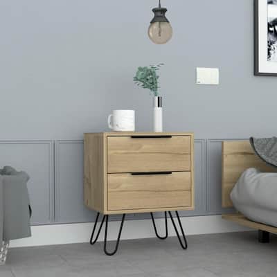 2 Nightstand, Hairpin Legs, Two Drawers, Light Oak