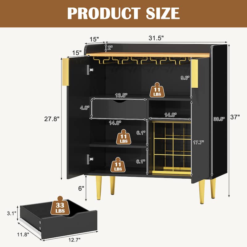 EROMMY Fluted Bar Cabinet with Wine Rack & Glass Holder, Modern Coffee Bar Sideboard with Drawer & Shelves, 31.5” Liquor Cabinet