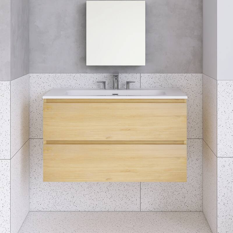 Floating Integrated Bathroom Vanity with Ceramic Sink, Three Faucet Holes - 35.82'' x 18.3'' x 21.1'' - Oak