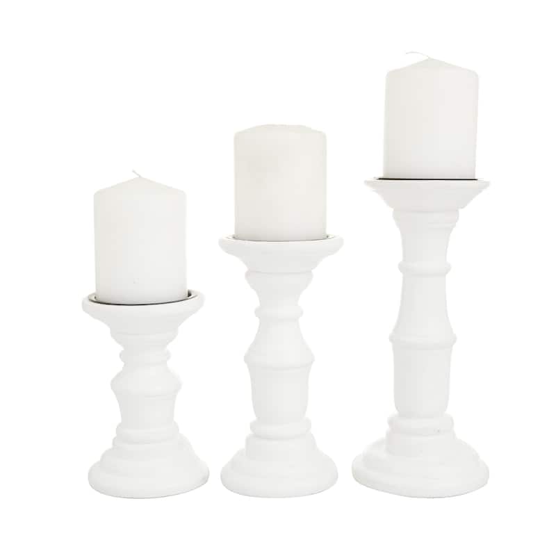 Mango Wood Turned Style Pillar Decorative Candle Holder - Set of 3 White, Black, Gold - Roche River Decor - White