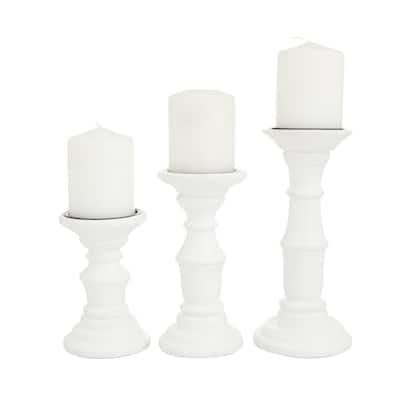 Mango Wood Turned Style Pillar Decorative Candle Holder - Set of 3 White, Black, Gold - Roche River Decor
