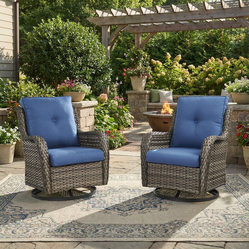 Pocassy Outdoor Wicker Glider Swivel Club Chairs (Set of 2) - Mix Grey - Grey/Blue