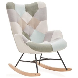 Colorful Unique Patchwork Rocking Chair Linen Upholstered Multicolored ...