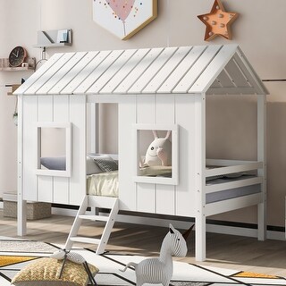 Twin Size Pine Wood Low Loft Bed with House Shaped Frame and 2-Step ...