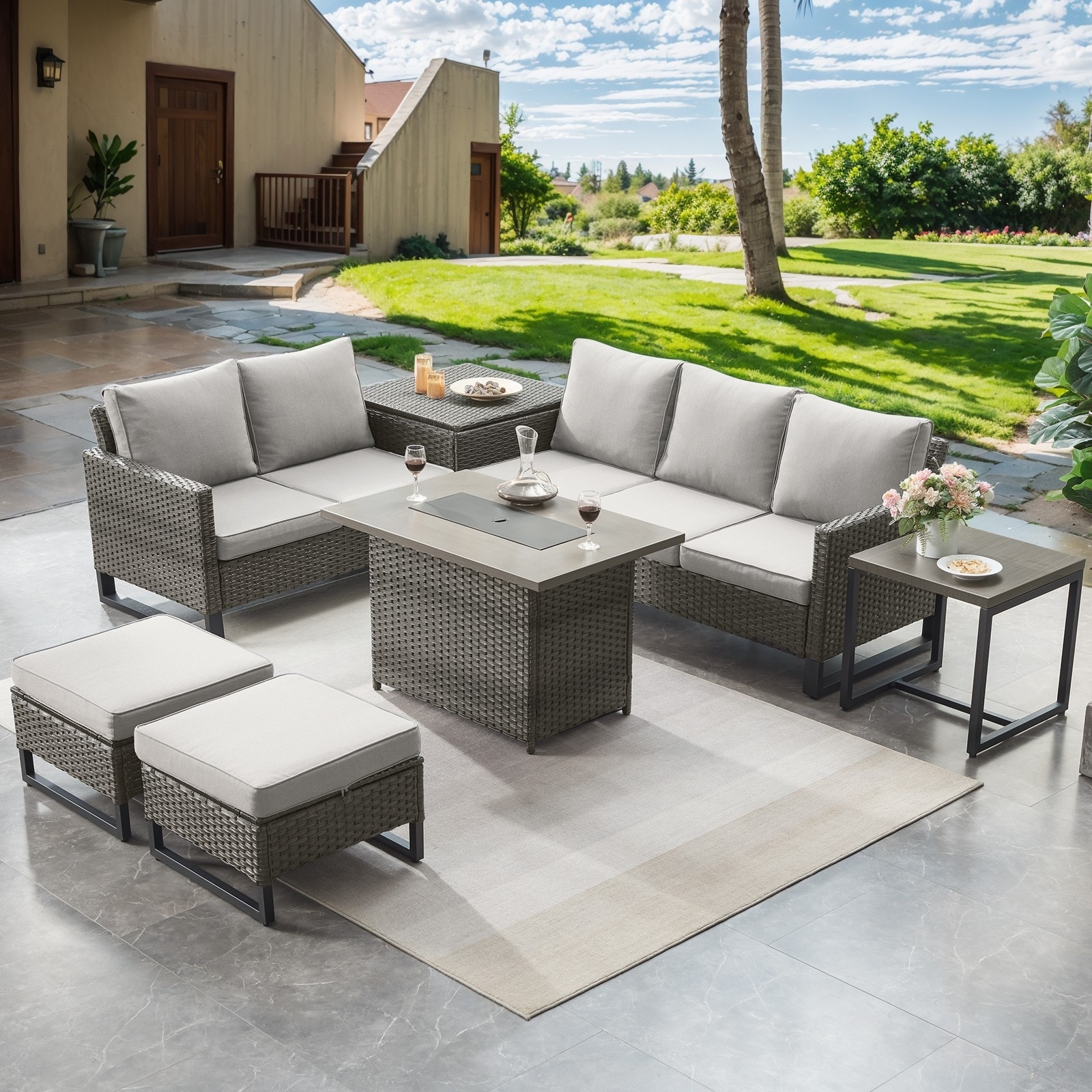 Patio Sofa Ottoman Table with Fire Pit Table - Beige cushion - Grey