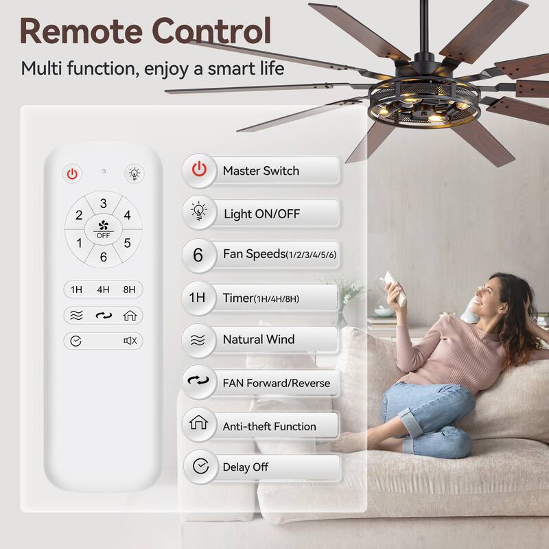 60" Reversible 10-Blade Open-Caged Metal Ceiling Fan with Light and Remote