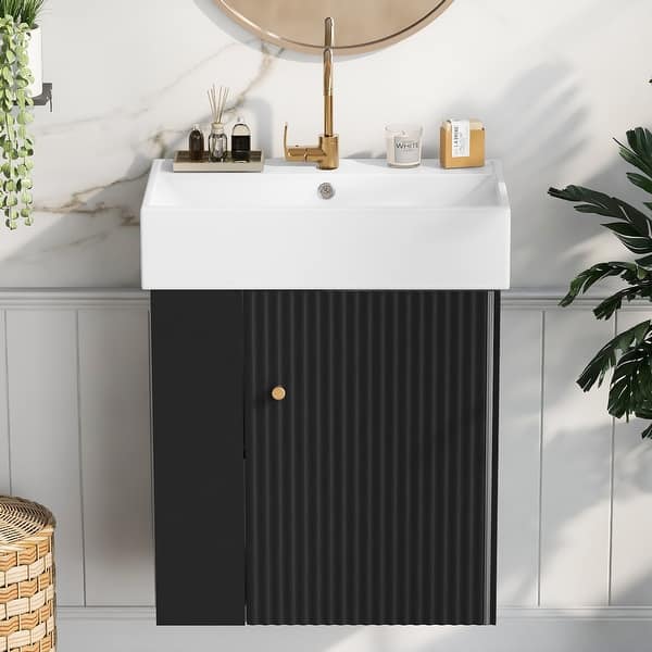 21.6 Inch Wall-Mounted Bathroom Vanity With Ceramic Sink – Floating Wood Cabinet With Side Storage & Soft-Close Door