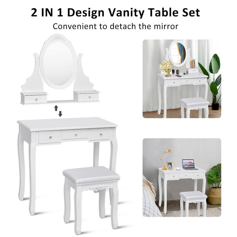 Gymax Bedroom Wooden Mirrored Makeup Vanity Set Stool Table Set White