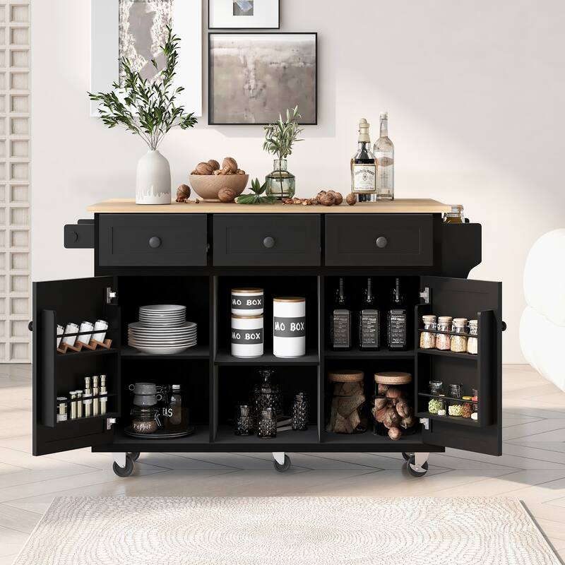 Kitchen Cart with Rubber Wood Drop-Leaf Countertop, Storage Cabinet, 3 Drawers & 5 Wheels - Black