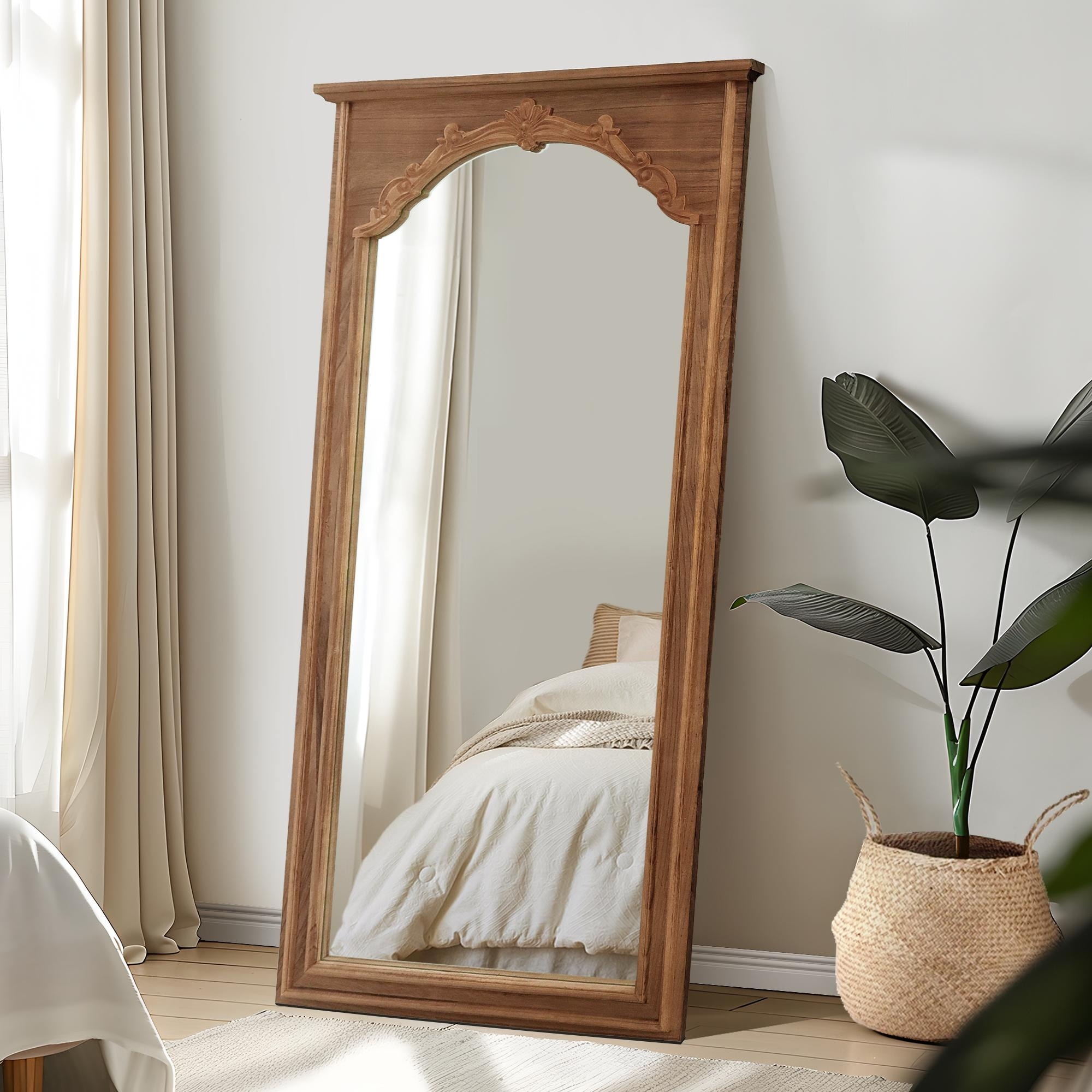 Wooden Right Angle Arched Two Tone Full Length Mirror with Stand - 71"x35"