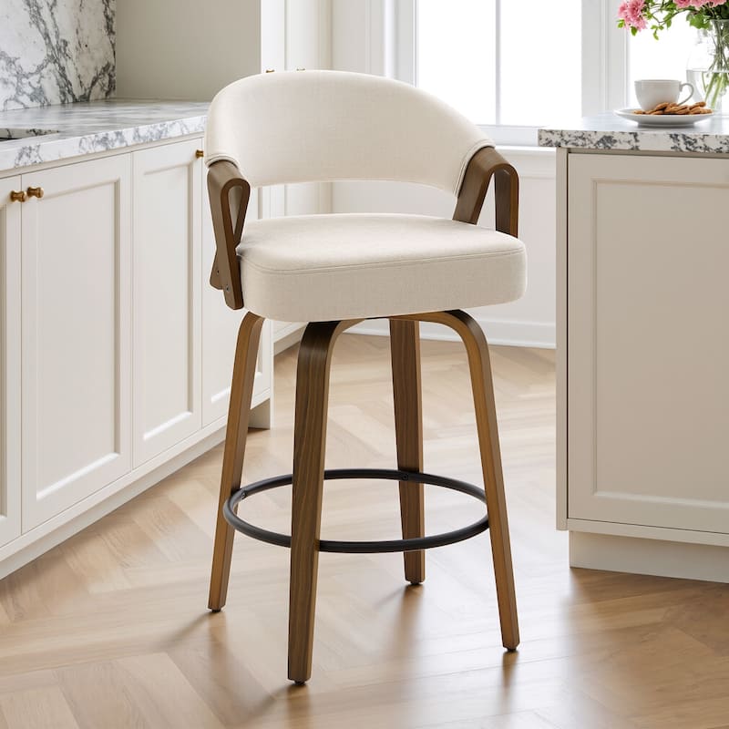 Mid-Century Upholstered Swivel Bar Stool/ Counter Stools with Curved Back - 37.5"H x 20.9"W x 19.9"D - Set of 3 - Off-White-Polyester
