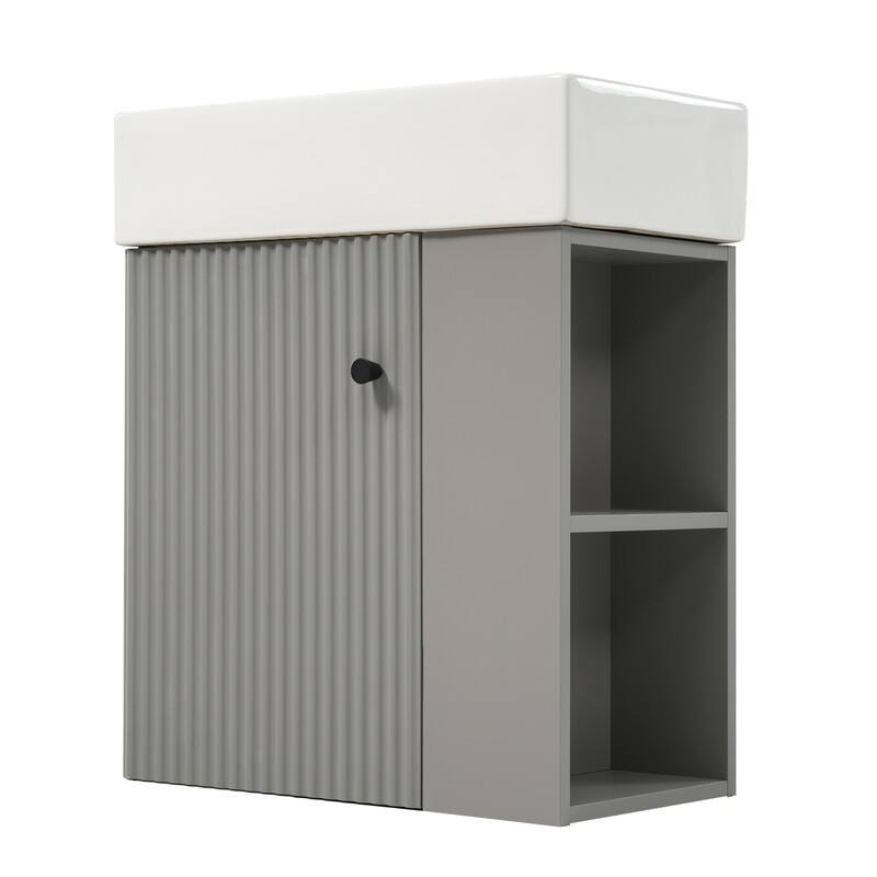21.6" Floating Bathroom Vanity with Ceramic Basin, Right side storage