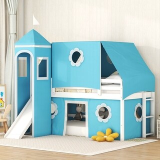 Twin Size Loft Bed with Windows and Tent, House Loft Bed with Safety Guardrail, Wooden Loft Bed Frame with Ladder and Slide,Blue