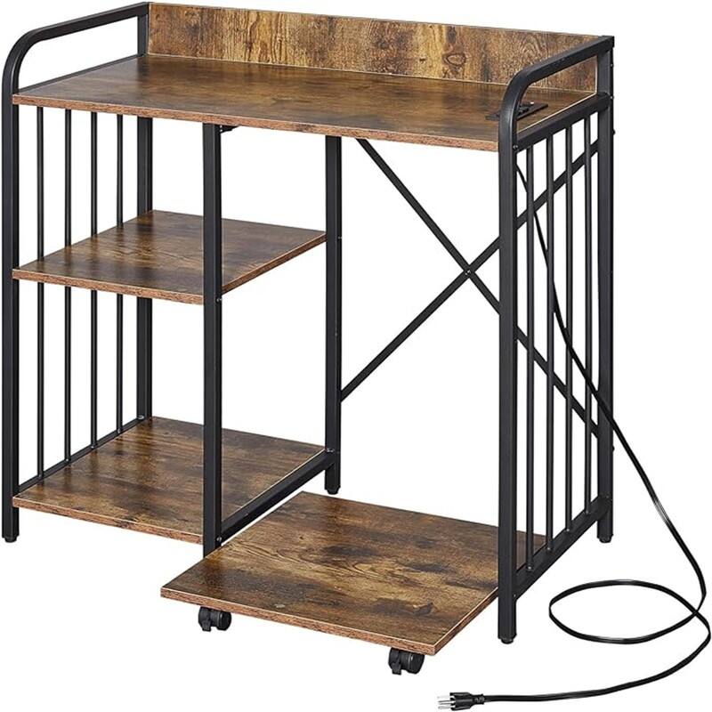 Printer Stand,3-Tier Lateral Office Filing Shelves with Socket and USB Charging Port - 31 x 15.7 x 33.8 inches - Brown