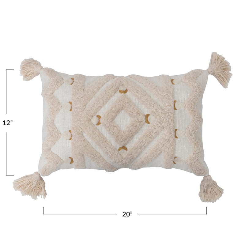 Cotton Tufted Lumbar Pillow with Embroidery and Tassels