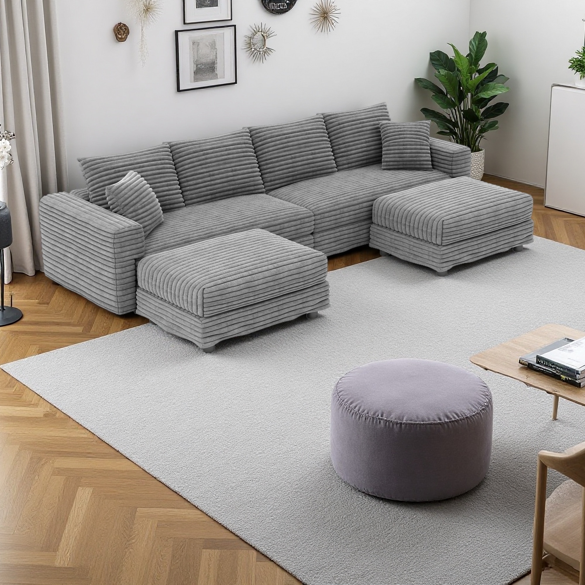102.4" Plush Corduroy 4-Seater Cloud Sofa with 2 Ottomans and Convertible Design