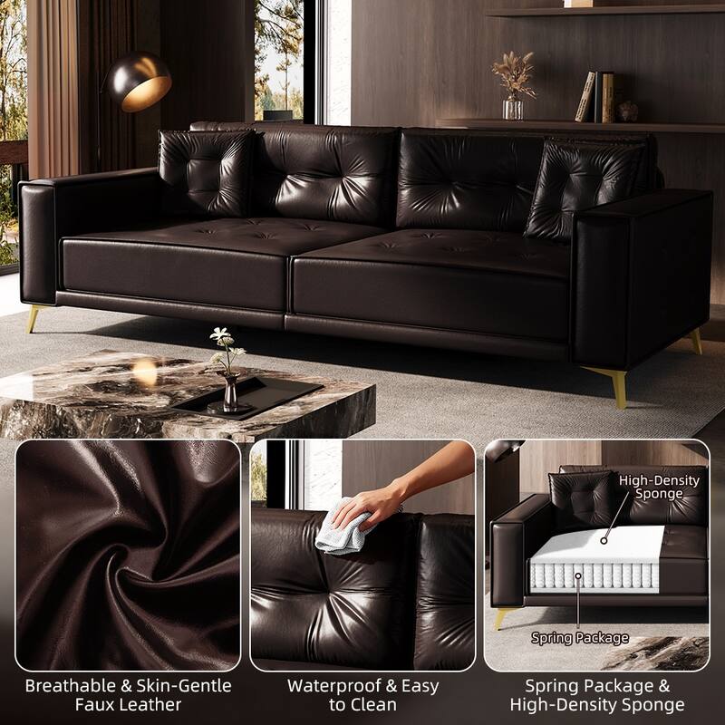 Oversized 3-in-1 Convertible Sofa Bed, 92.1" Faux Leather Square Arms Loveseat, Modern Pull-Out Sleeper Couch with Pillows