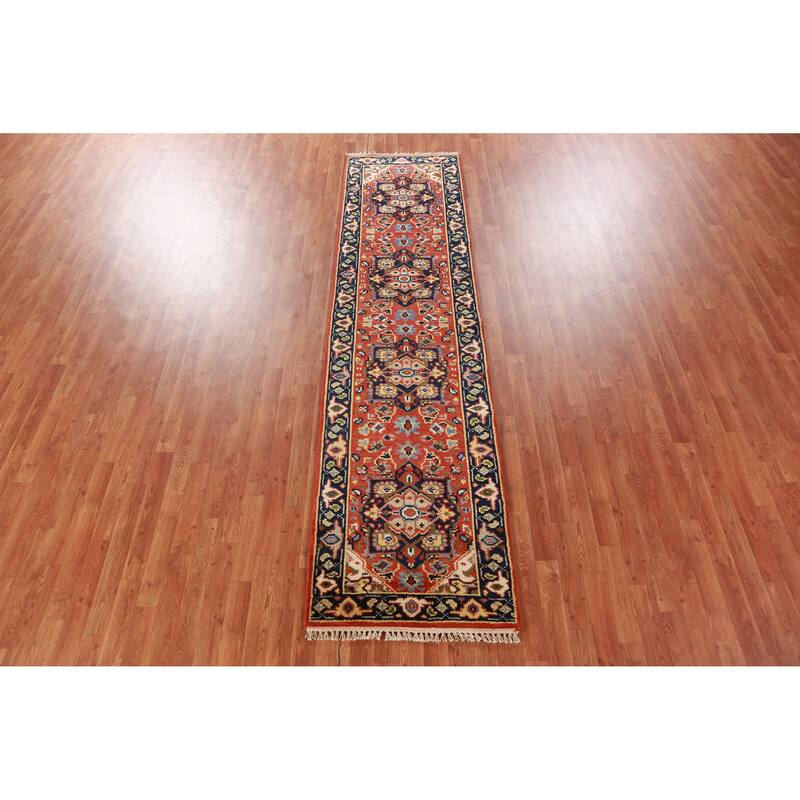 Hand Knotted Oriental 100% Wool Carpet Traditional Geometric Oranges & Rust Heriz (serapi) Runner Rug - 9' 9'' X 2' 6''
