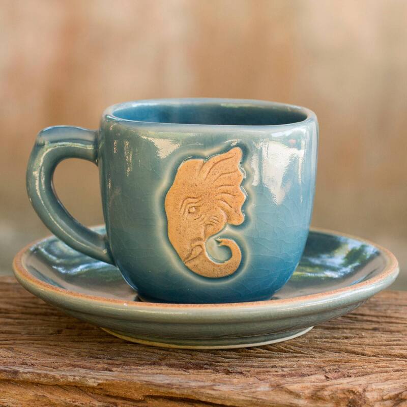 Handmade Blue Thai Elephant Celadon Ceramic Cup And Saucer (Thailand) - 3" H x 4.6" W x 3.2" D