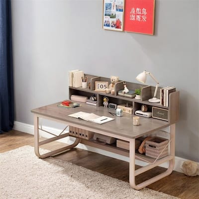 Grey White 55.12" W Rectangle Computer Desk with Hutch