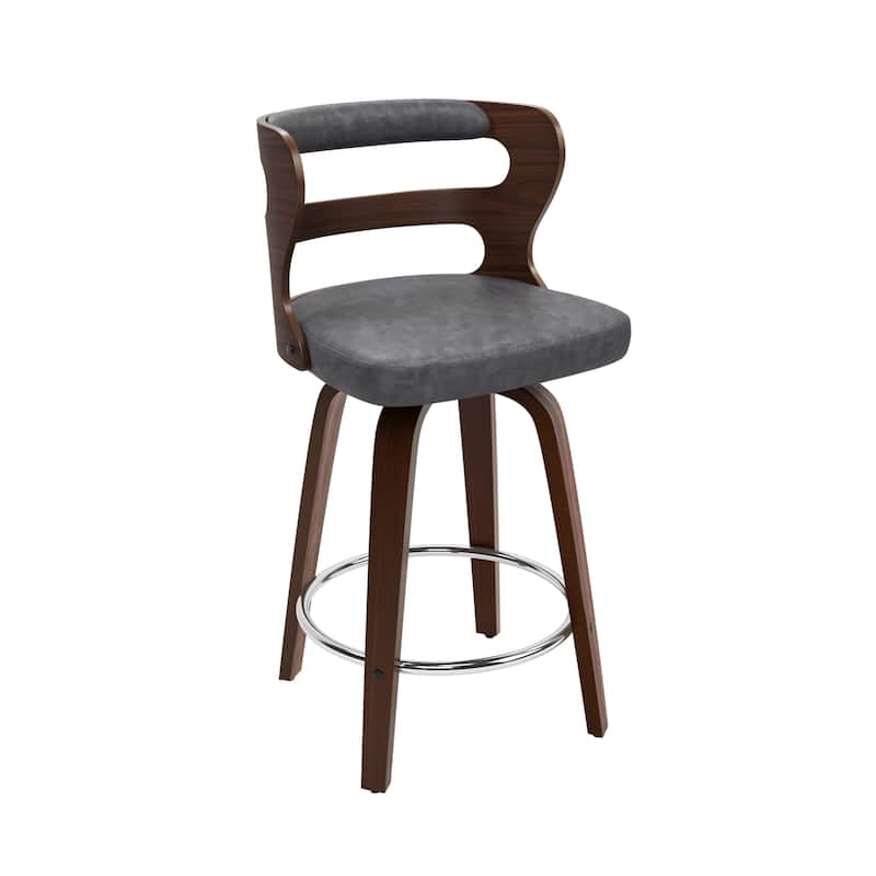 LUE BONA 26" Walnut and Faux Leather Swivel Counter Bar Stools With Backs - 26" H