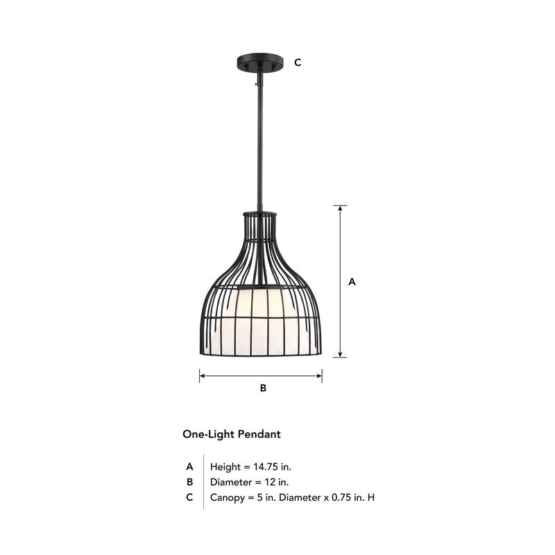 Evensong 60 Watt 1-Light Matte Black Bell Pendant with Etched Opal Glass Shade and Metal Outer Cage - 14.75