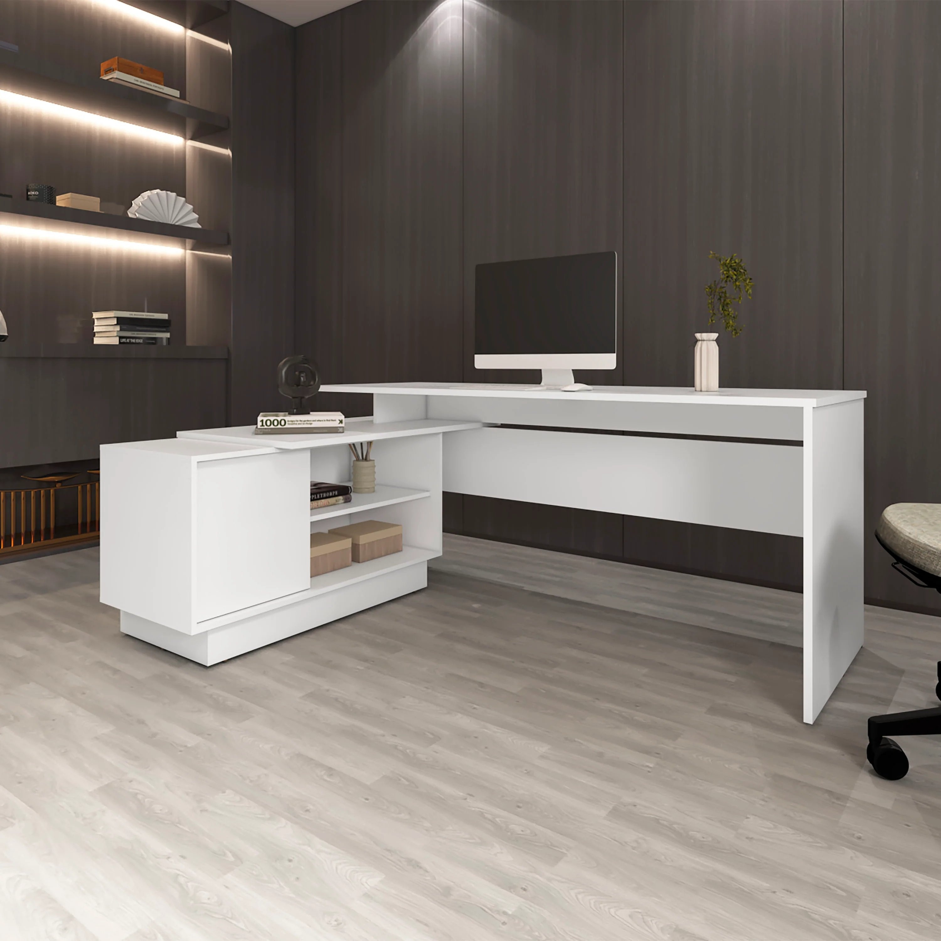 Stylish L-Shaped Computer Desk with Storage, 1 Door, 5 Shelves, and Spacious Work Surface for Home or Office Use