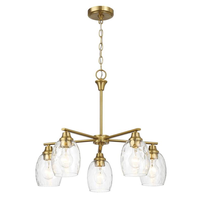 Elegance Five Lights Linear Arms with Golden Brass Finish Chain Chandelier 24"W × 8.5"H with Clear Water Glass