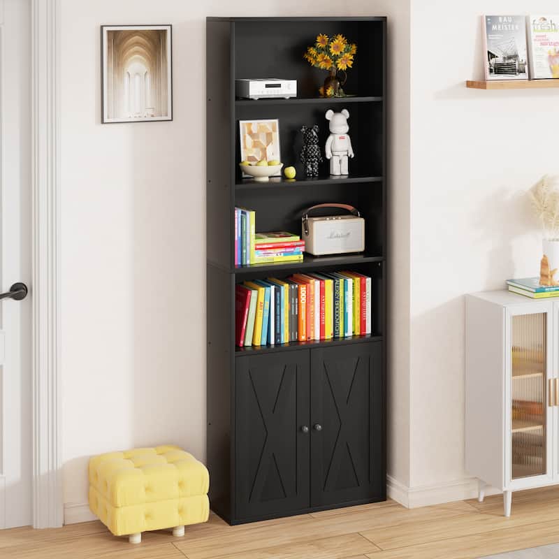 Farmhouse 6-Tier Open Bookcase and Bookshelf with Doors