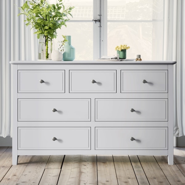 White Pine Wood 7 Drawer Dresser with Stylish Metal Knobs Bed