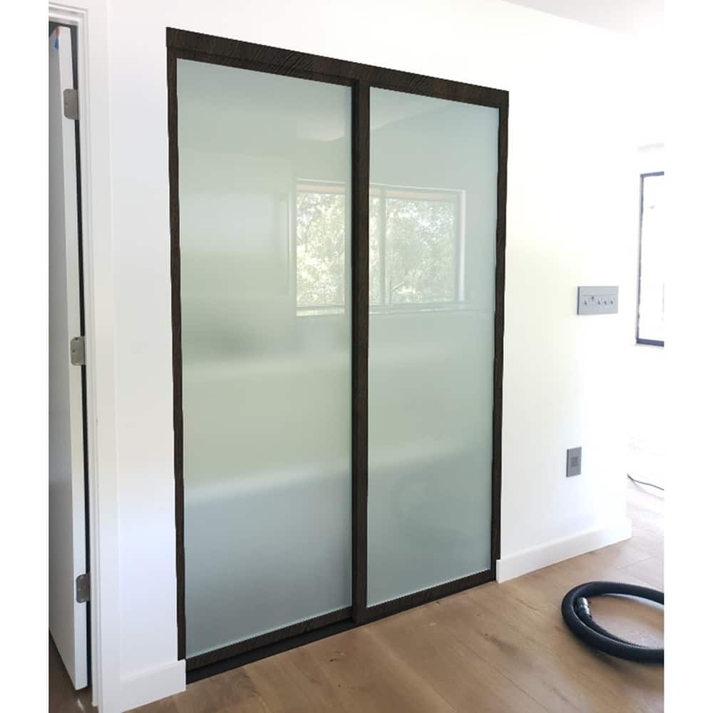 THE SLIDING DOOR COMPANY 2 Panel, Sliding Closet Doors, Frosted Glass, Aluminum Frame on double track.