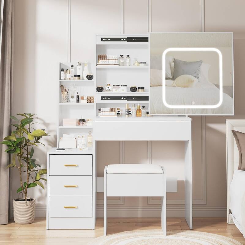 Vanity Desk with Sliding Mirror, Charging Station, 4 Drawers, Shelves, Stool - White