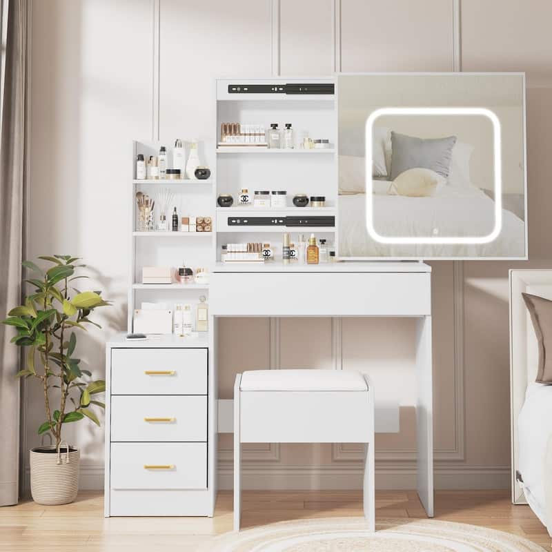 Vanity Desk with Sliding Mirror, Charging Station, 4 Drawers, Shelves, Stool