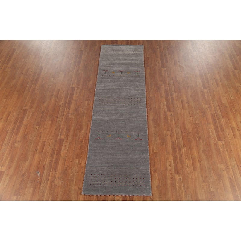 Gray Gabbeh Oriental Runner Rug Hand-Knotted Wool Carpet - 2'9"x 9'7"
