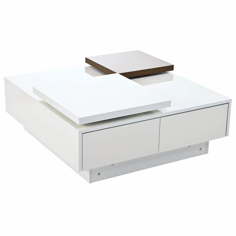 Modern Square Wood Coffee Table with Movable Top and 4 Hidden Storage Drawers
