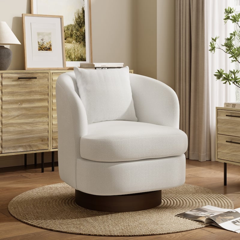 Upholstered White Woven Texture Club Swivel Chair with Dark Brown Base and Pillow