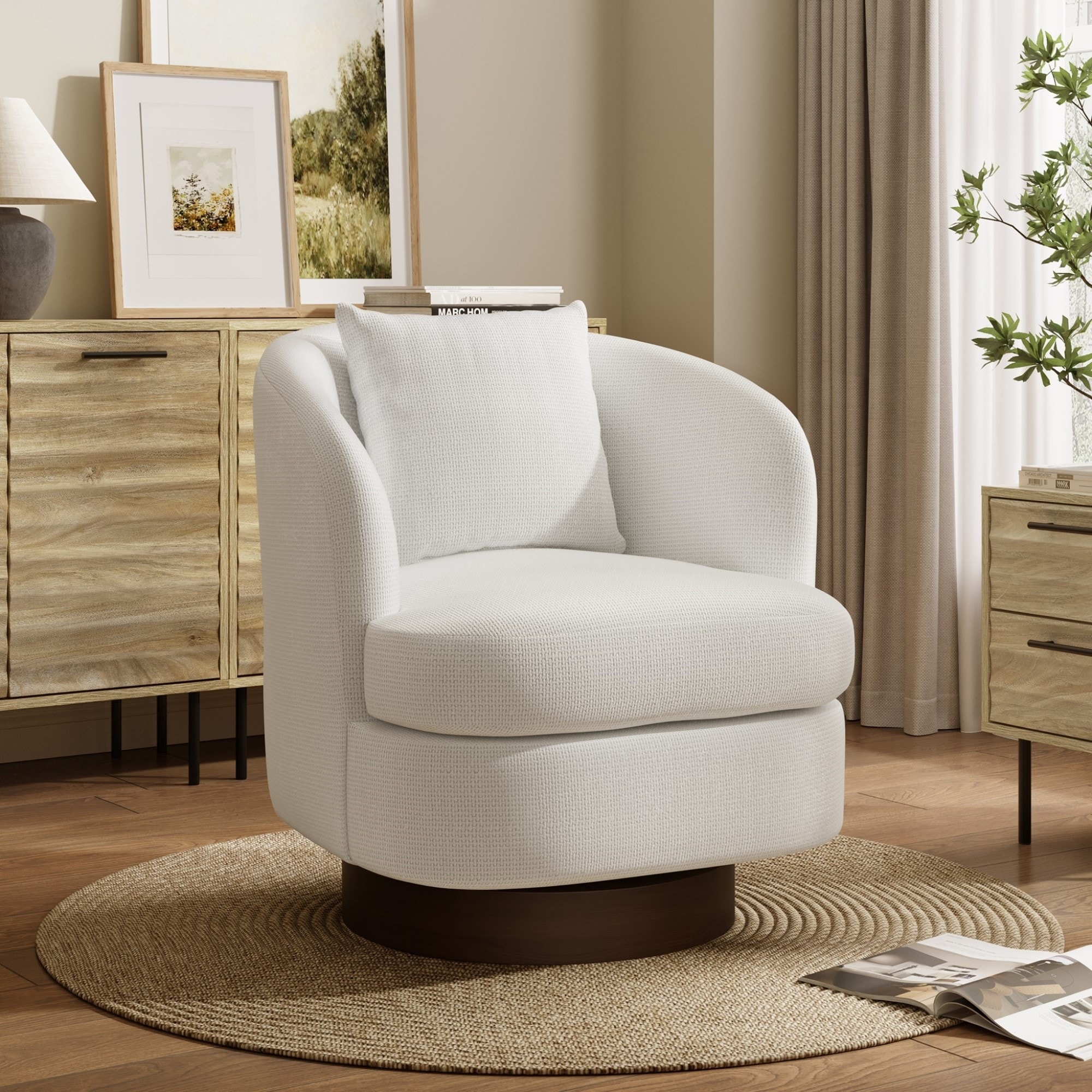 Upholstered White Woven Texture Club Swivel Chair with Dark Brown Base and Pillow