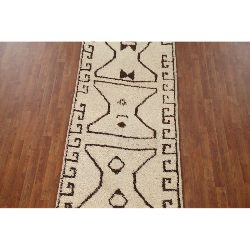 Anatolian Beige Turkish Runner Rug Handmade Geometric Wool Carpet - 3'6"x 12'4"