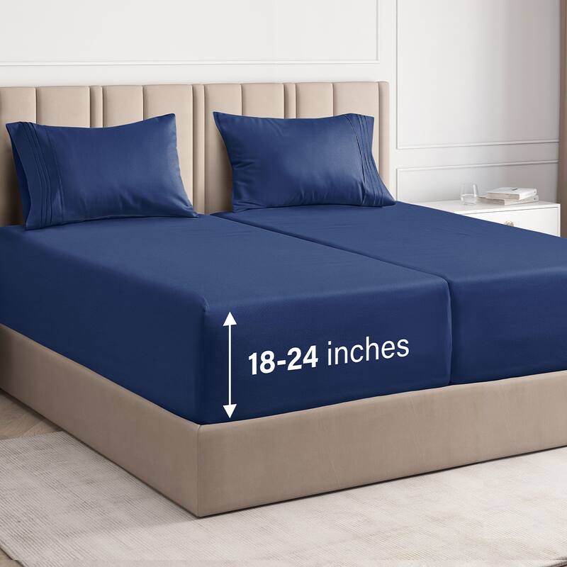 CGK Linens 4 Piece Solid Microfiber Extra Deep Pocket Bed Sheet Set - Split King - Navy Blue