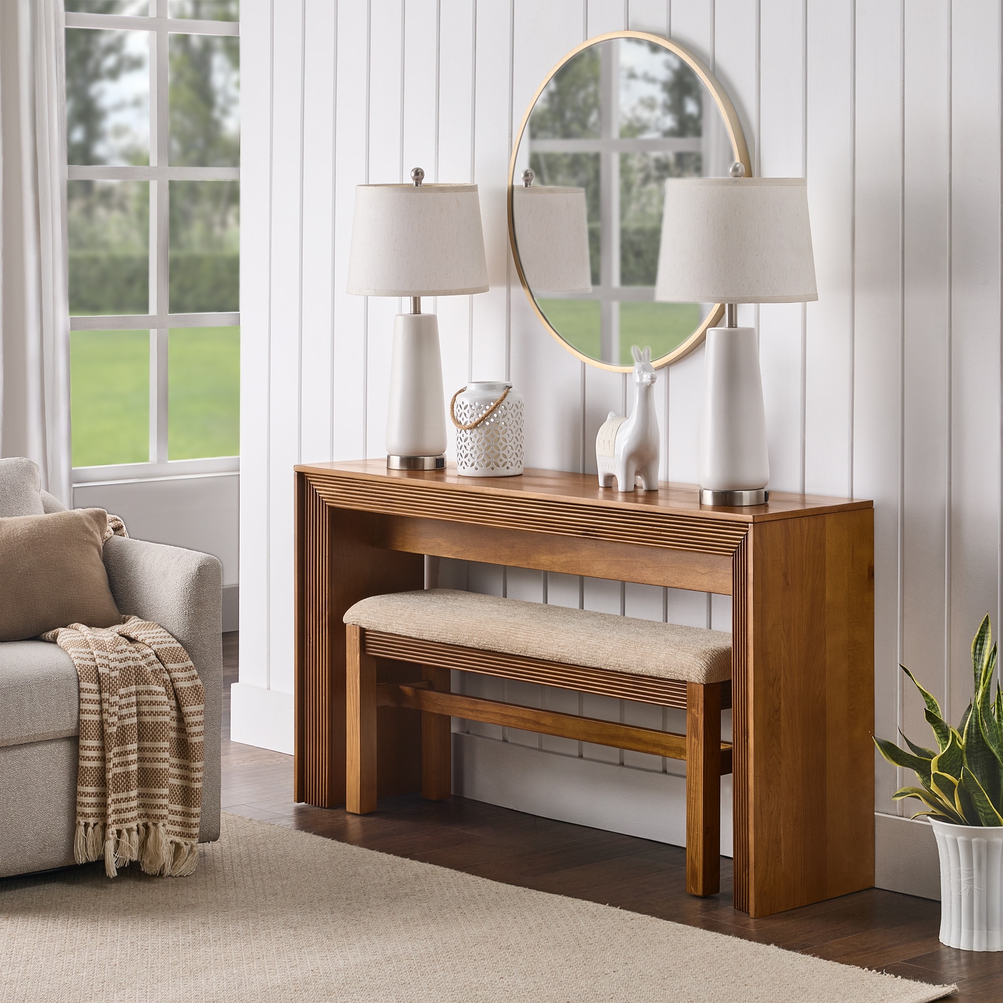 Fluted Counter Height Bar Table Set for 2, Dining Table with Fabric Upholstered Bar Stool with Solid Wood Legs